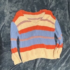 Striped V-Neck Women's Sweater in Orange, Blue & Cream